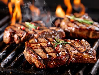 Juicy steaks sizzle as they cook over a flaming BBQ grill, capturing the mouthwatering close-up details of the searing process