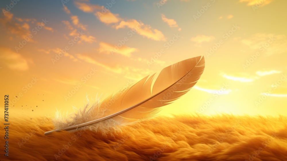 Poster a white feather sitting in the middle of a field of grass with the sun setting in the distance behin