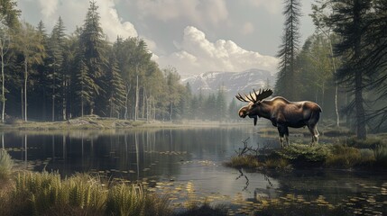 Cute adorable moose animal on nature's soft lap. In its natural habitat. Generative AI - obrazy, fototapety, plakaty