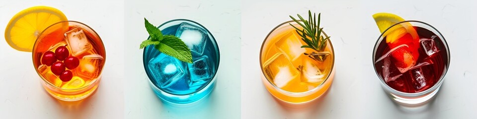four juice glasses on white background, set of drinks category