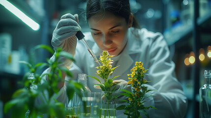 Female scientist researching a terrestrial plant in a lab - obrazy, fototapety, plakaty