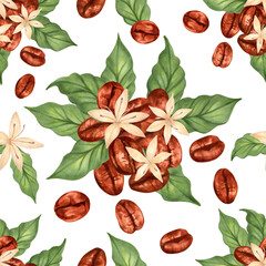 Seamless pattern of coffee beans with flowers and leaves. Illustration with watercolor and marker. Handmade art of aroma of Robusta and Arabica varieties. Coffee day. For fabric and tablecloths.