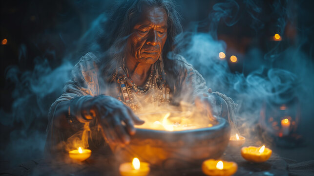 Indian shaman conducts ritual. ancient traditions. witchcraft, shamanism. 