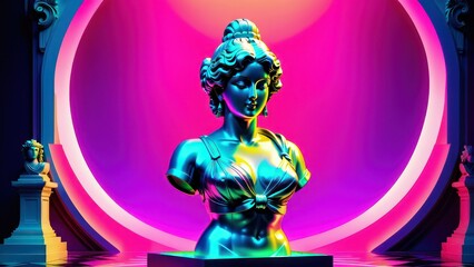 Fototapeta premium Classic statue background concept. Vaporwave style background. Classic sculpture with color distortion and colored lights. 3d render. generative, ai.