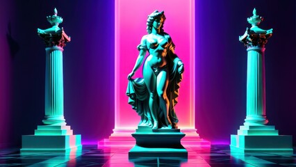 Classic statue background concept. Vaporwave style background. Classic sculpture with color distortion and colored lights. 3d render. generative, ai.