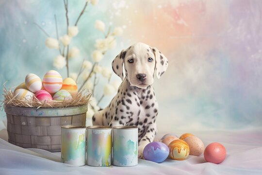 A serene Dalmatian puppy with cans of translucent, watercolor paints and a basket of delicately dyed Easter eggs, on a surface resembling watercolor paper.
