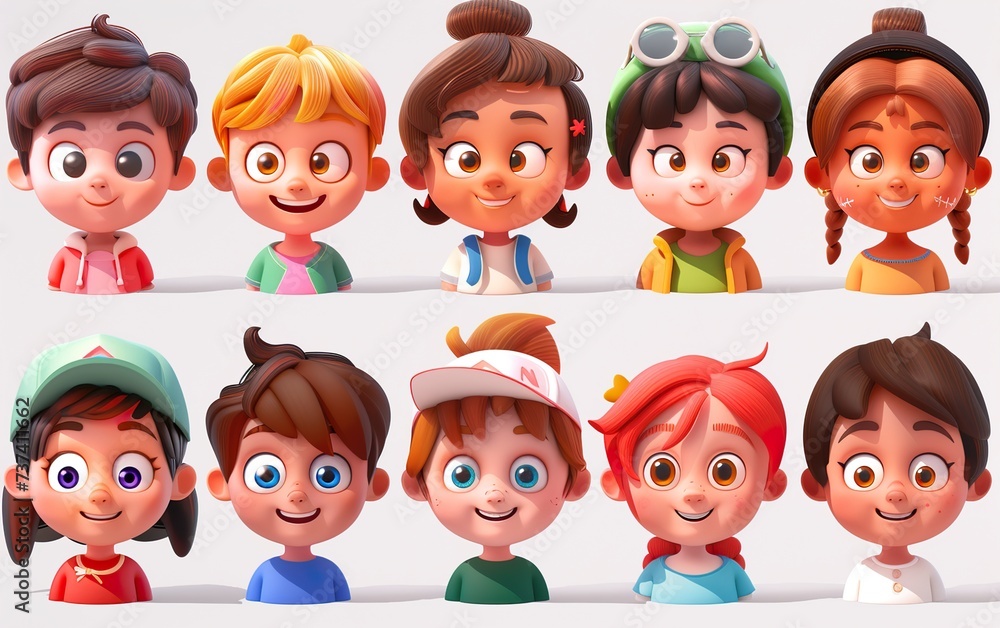 Sticker 3d diverse kids avatar set