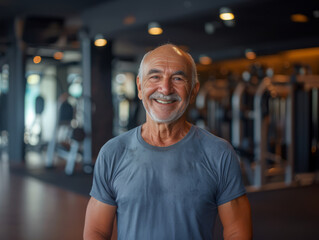 elderly man with a beard in the gym, a full-length photo, wearing a t-shirt or tank top for training, smiling broadly at the camera, showing physical fitness, strength, 