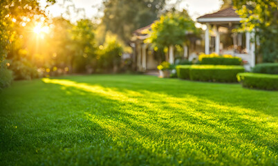 Obraz premium Backyard expanse, vibrant green neatly trimmed grass showcasing an area
