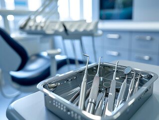 photo of shiny dental instruments lying inside a square chrome-plated container.