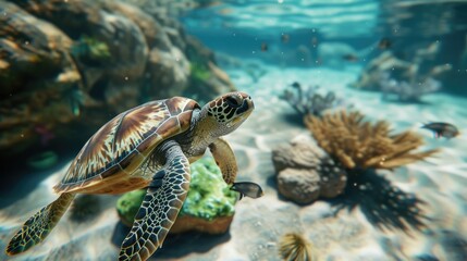 Cute adorable sea turtle animal on nature's soft lap. In its natural habitat. Generative AI