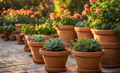 Fototapeta premium An array of terracotta flowerpots cradling an assortment of colorful flowers, captured with a shallow depth of field