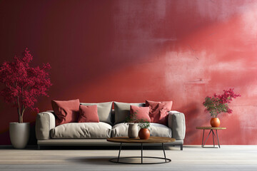 Experience tranquility with a living room adorned with a soft color red sofa and a stylish table,...