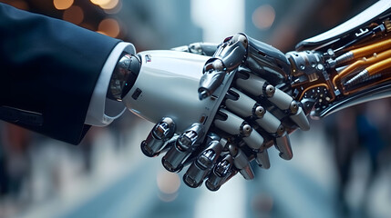 A robot hand in a suit is shaking hands with a human hand.