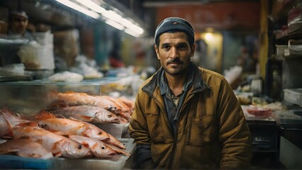 Fototapeta na wymiar fish seller, behind his counter, looking at the camera