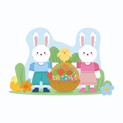 Happy Easter vector flat set, Easter Bunny with basket