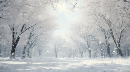 a painting of a snowy park with trees and snow falling on the ground and snow falling on the ground and snow falling on the ground.