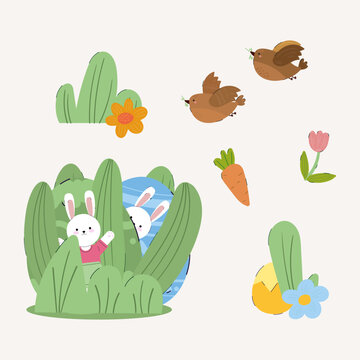 Happy Easter vector flat set,with birds,bunny