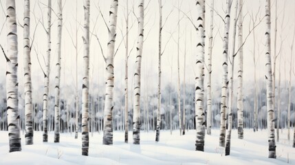 a painting of a snow covered forest with white birch trees in the foreground and a gray sky in the background.