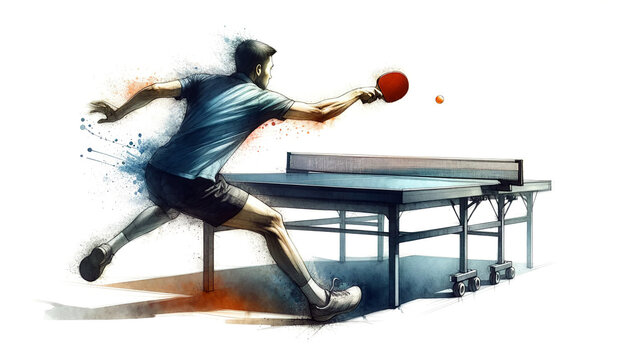 An intense watercolor illustration of a table tennis player in mid-action, with a dynamic pose and splashes representing movement and energy.Sport concept. AI generated.