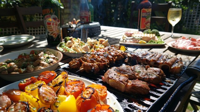 At a lively BBQ party in the summer, an array of grilled meats and vegetables adorn the table in a garden setting, evoking the essence of outdoor dining