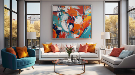 Discover the charm of this modern living room, adorned with bright colors and a strategically...