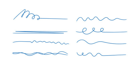 Strike through underlines set in doodles style. Brush stroke markers collection. Typography ink brush lines.