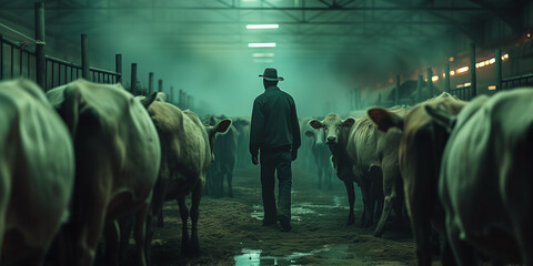 Cattle Farmer at Dusk. A lone cattle farmer stands amongst his herd in the eerie calm of a dimly lit barn, exuding a sense of quiet resolve and dedication to his livestock. - obrazy, fototapety, plakaty