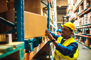 Young male warehouse worker carrying a box