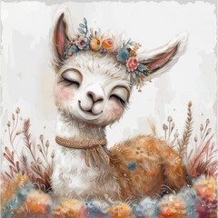 Whimsical Watercolor Llama with Floral Crown