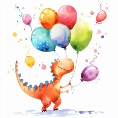 Joyful Dinosaur with Colorful Balloons - obrazy, fototapety, plakaty