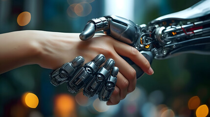 A robot hand in a suit is shaking hands with a human hand.