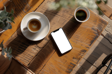 smartphone transparent screen mockup sitting on table in cafe, top view