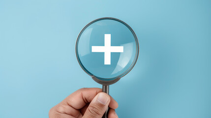A hand holding a magnifying glass, focusing on a white medical cross symbol against a calming blue backdrop, generative ai