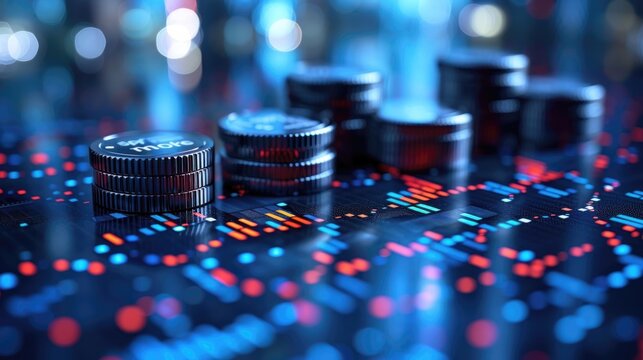 A shimmering circuit of electronic coins illuminates the darkness, showcasing the intricate engineering and brilliant light of modern technology