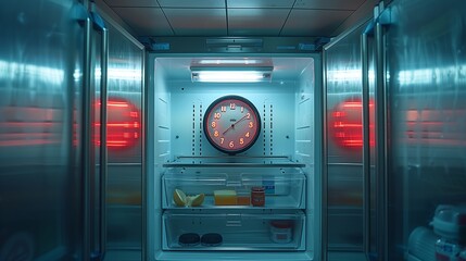 alarm clock inside an empty refrigerator. Generative AI - obrazy, fototapety, plakaty