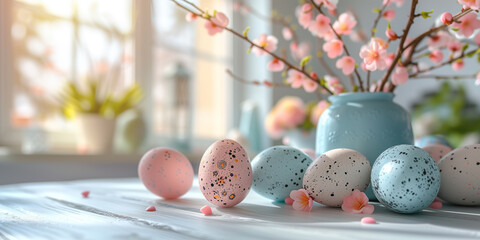 Pastel Easter eggs adorned with spring blossoms on a bright windowsill setting. - obrazy, fototapety, plakaty