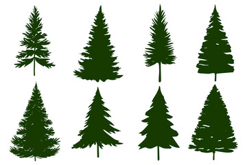 Set of green silhouette christmas tree isolated on white background