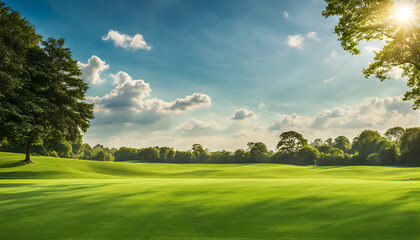 Wide lawn trimmed with precision under a blue sunny sky