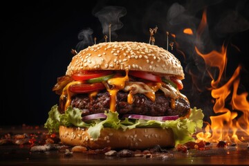 front view hamburger full of meat and vegetables and melted mayonnaise on a wooden table. Double...