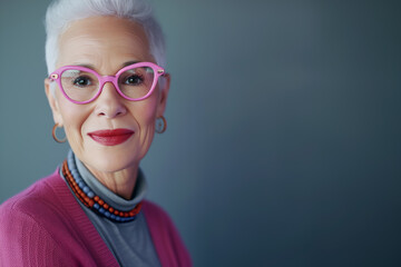 Fototapeta na wymiar Fashionable elegant elderly lady in pink glasses