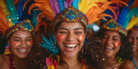 Carnival Joy: Radiant Smiles and Vibrant Costumes. Group of friends enjoying a carnival, adorned with festive headgear, face paint, and joyous smiles.