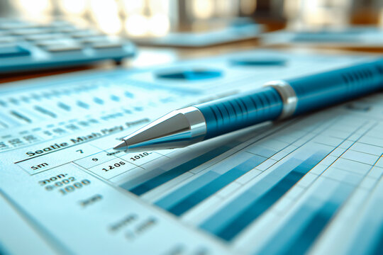 Financial blueprint, a close-up of a financial report and pen, symbolizing the meticulous analysis behind business success