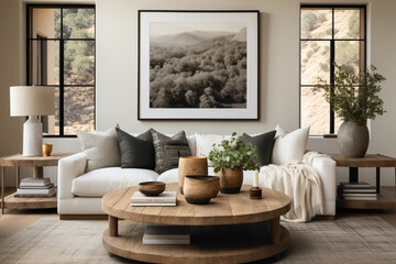 A beautifully designed modern living room featuring a round wood coffee table juxtaposed against a sleek white sofa.