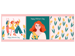 Сollection of templates for International Women's Day. Vector spring illustrations.