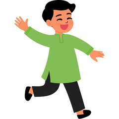 Happy cute Indian boy in traditional costume running cartoon illustration