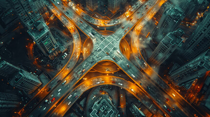 Arial top view of Modern transportation with Expressway, Road and Roundabout, multilevel junction highway-Top view. Important infrastructure.generative ai - obrazy, fototapety, plakaty