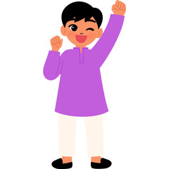 Happy cute Indian boy in traditional costume yipee cartoon illustration