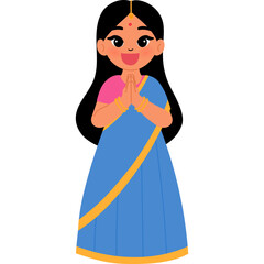 Happy cute Indian girl in traditional costume namaste cartoon illustration
