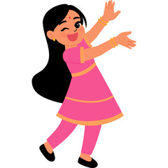 Happy cute Indian girl in traditional costume cartoon illustration